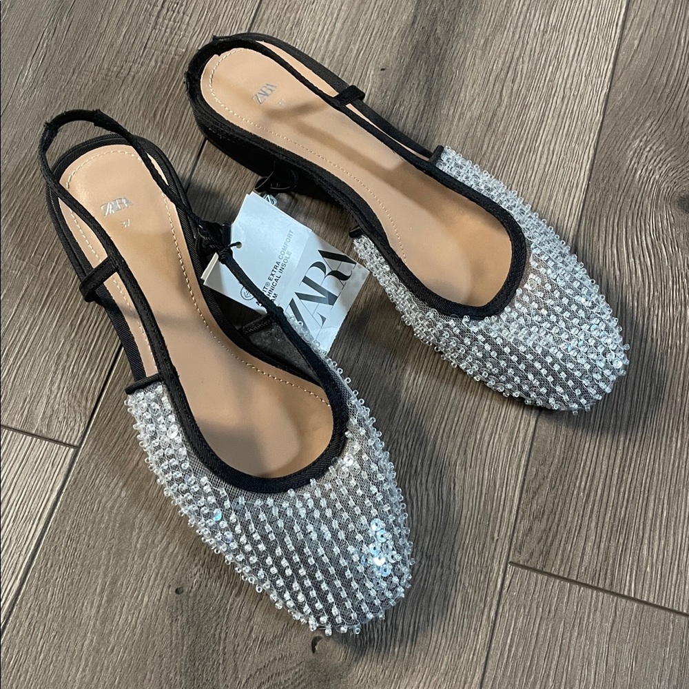 Zara Sequined  Slingback Ballet Flats Sz:6.5